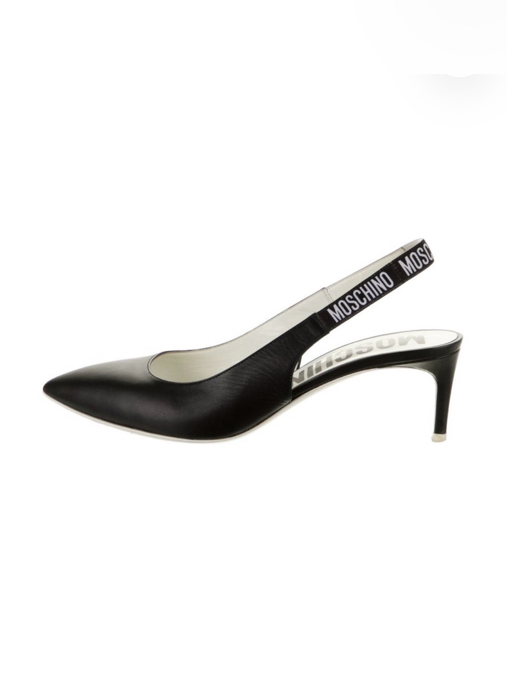 Moschino Black Leather Slingback Kitten Heel with Logo Elastic